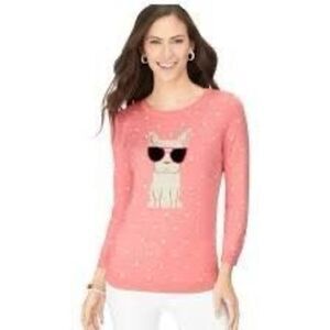 Talbots Plus Dog Frenchie Print Sweater Sz 1X Embroidered Polka Dots